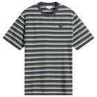 Maison Kitsuné Men's Profile Fox Patch Striped Comfort T-Shirt in Soft Teal/Bay Leaf/Cirrus Blue