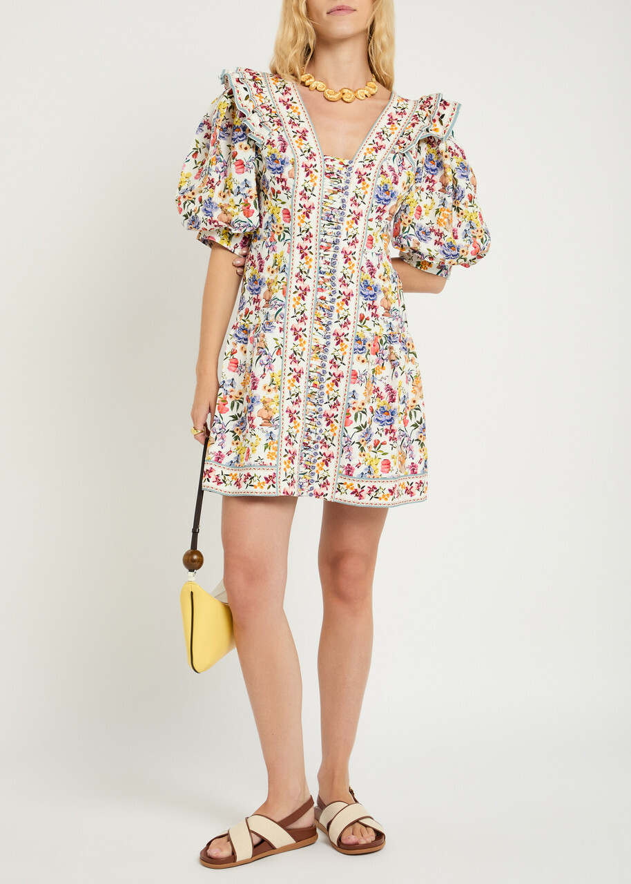 Farm Rio Greek Garden Printed Linen-blend Mini Dress White