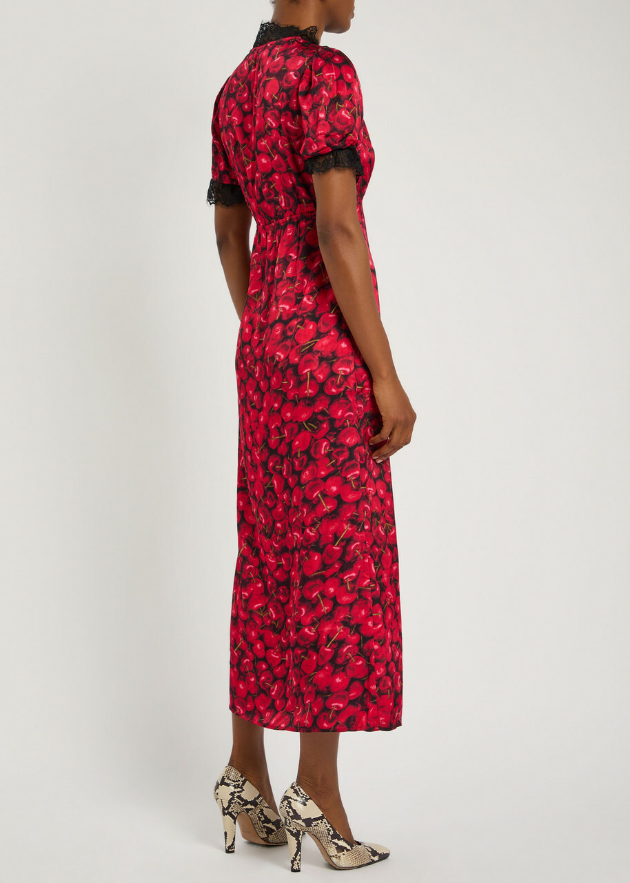 Never Fully Dressed Lyla Cherry-print Lace and Satin Midi Dress Black Red