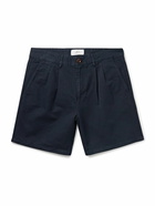 Mr P. - Straight-Leg Pleated Cotton and Linen-Blend Twill Shorts - Blue