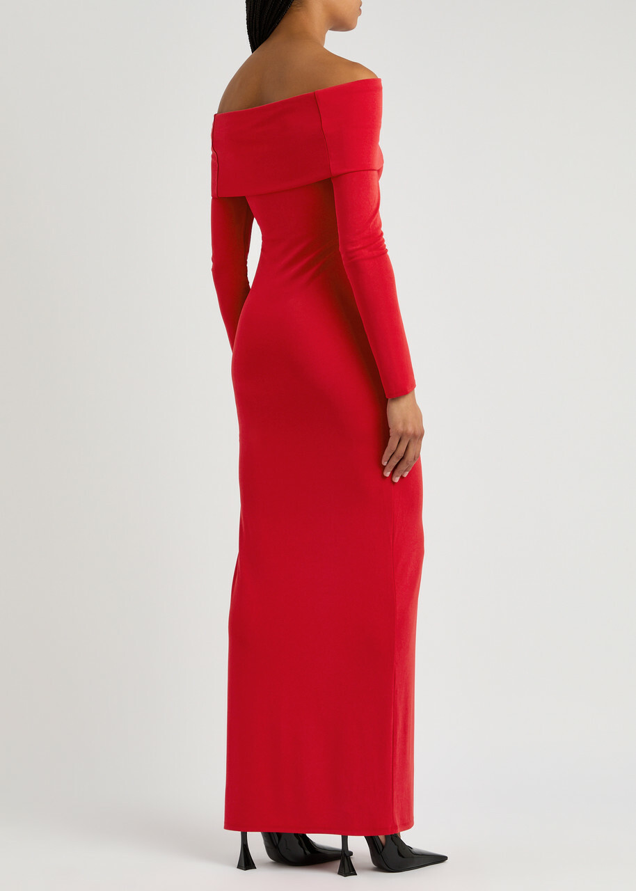 knee length dresses for ladies La Rochette Embellished Strapless Cowl-Neck Maxi Dress in True Red