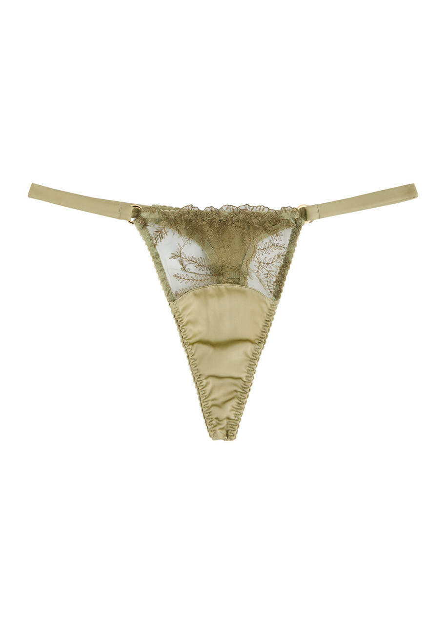 Fleur OF England Arianna Embroidered Silk-blend Satin Thong Sage