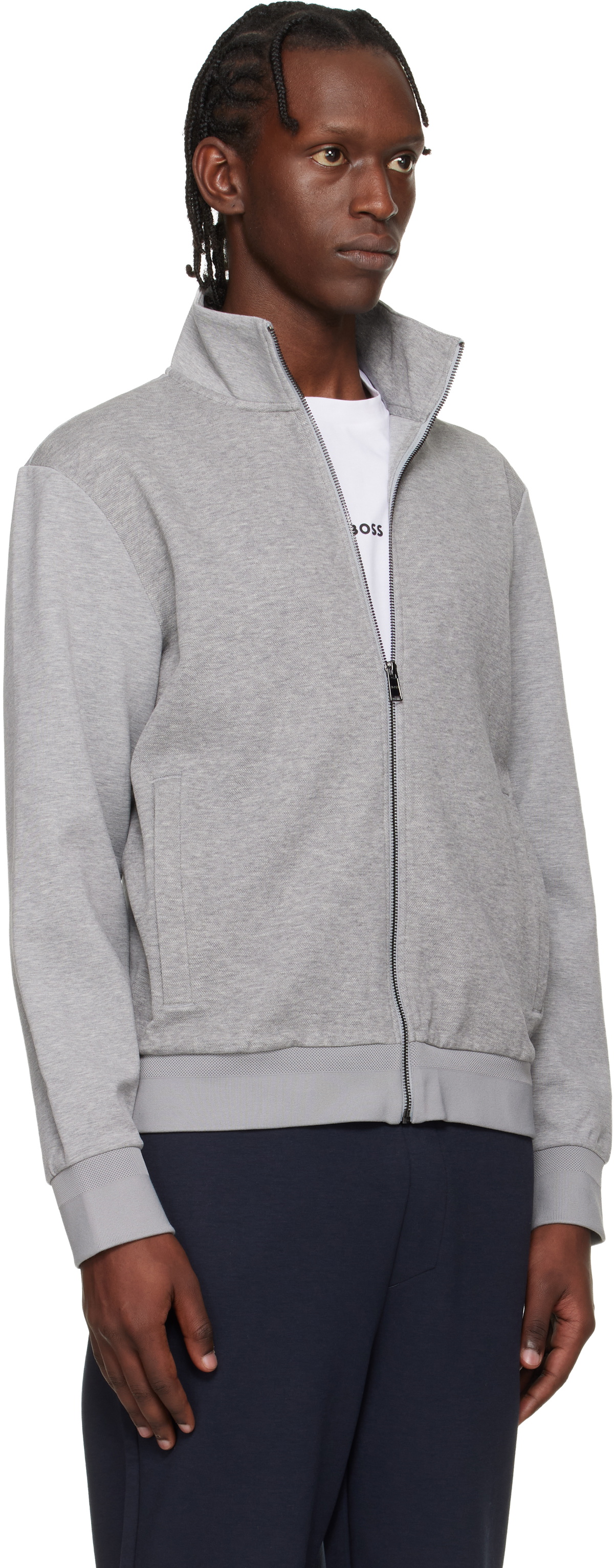 BOSS Gray Zip-Up Mercerized Stretch-Cotton Piqué Sweatshirt