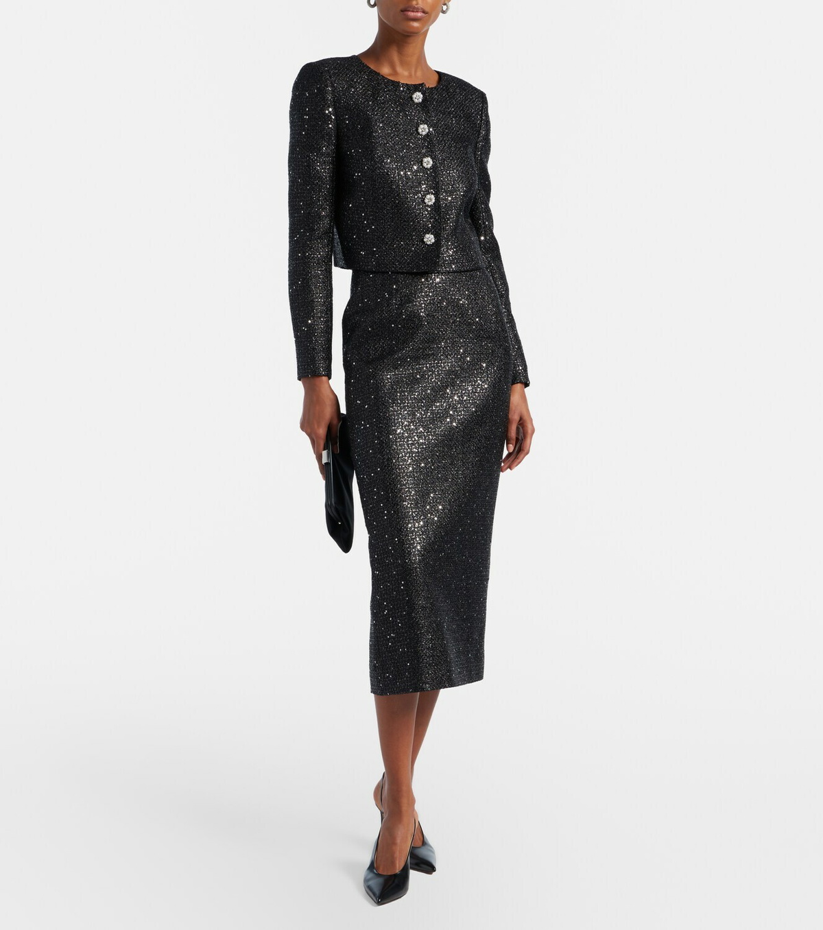 Carolina Herrera Sequined lamé tweed pencil skirt