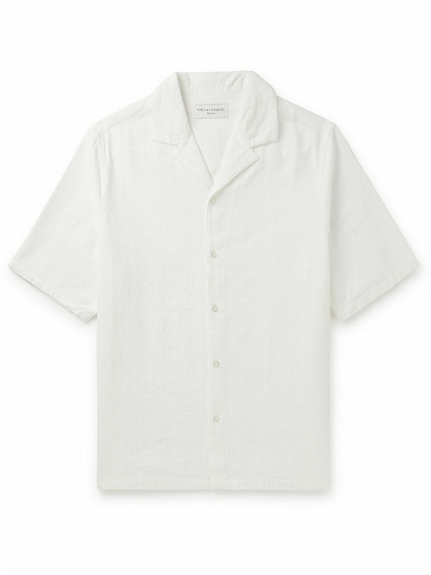 Photo: Officine Générale - Eren Camp-Collar Embroidered Striped Cotton-Poplin Shirt - White
