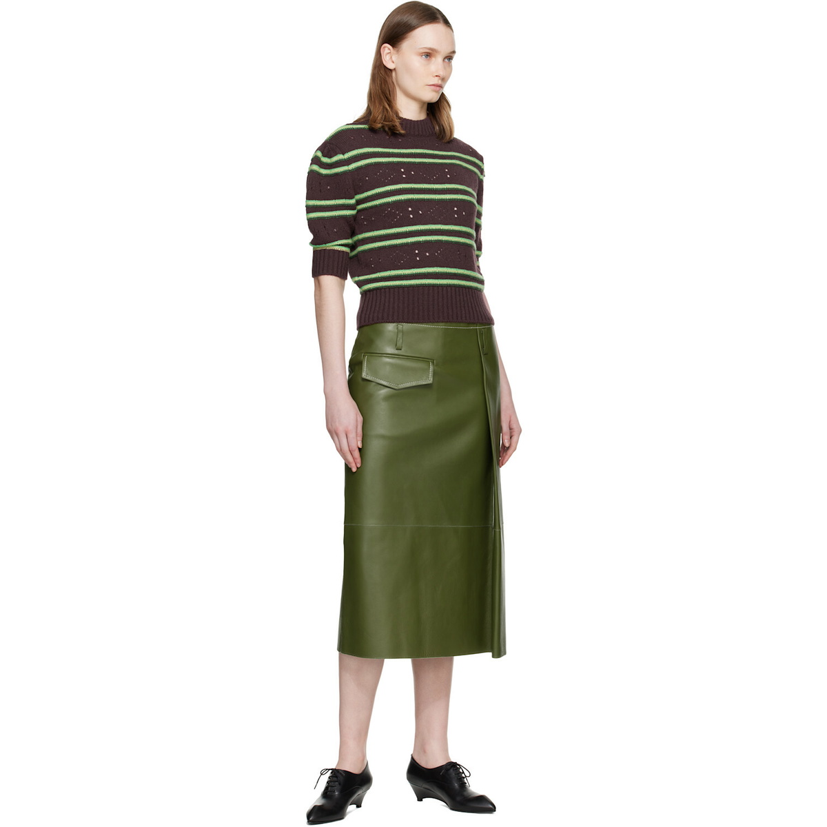Marni Green Pocket Bonded Nappa Leather Midi Skirt