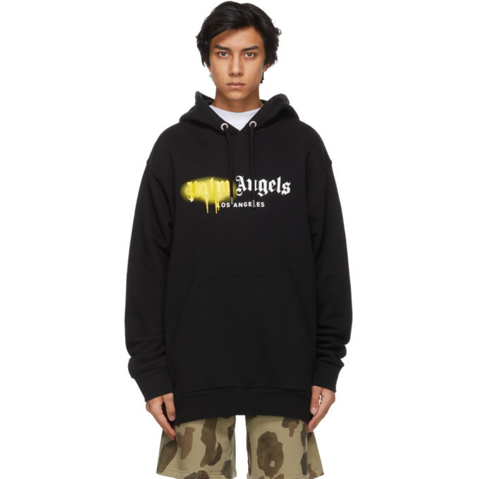 Photo: Palm Angels Black and Yellow Sprayed Logo Hoodie