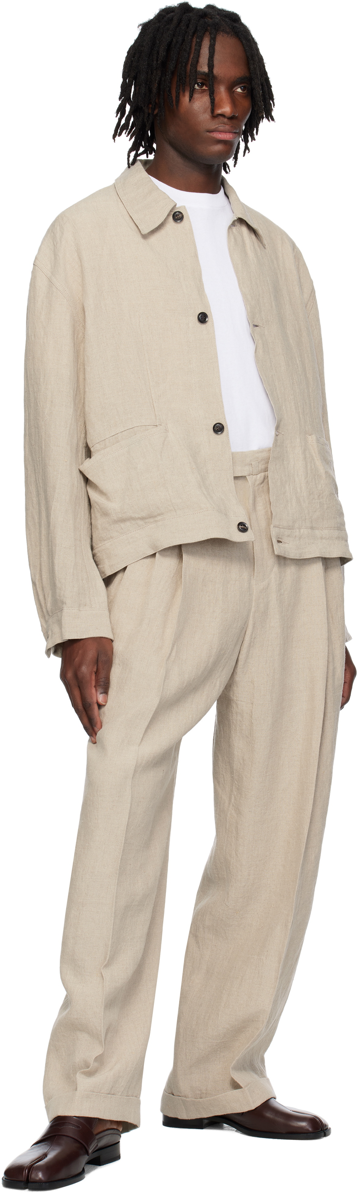 SOSHIOTSUKI Beige Linen Washer 3 Tuck Trousers