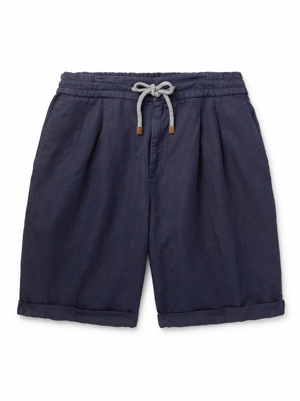 Photo: Brunello Cucinelli - Straight-Leg Linen and Cotton-Blend Drawstring Shorts - Blue