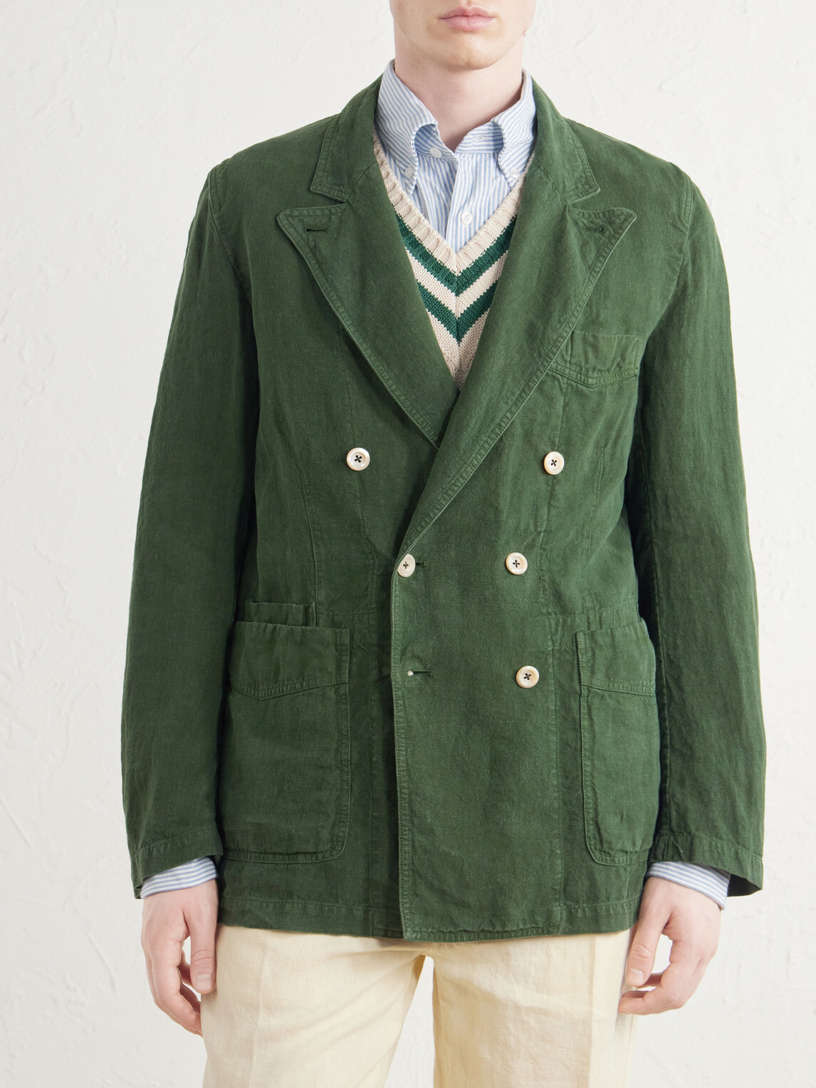 Drake's - Games Double-Breasted Linen Blazer - Green