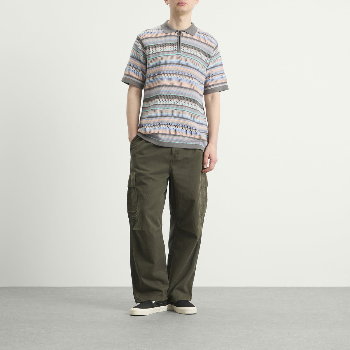 thisisneverthat Men's Striped Knit Polo in Pink Grey
