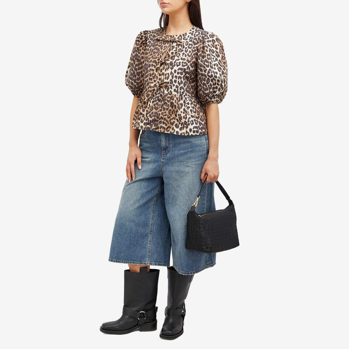 GANNI Women's Printed Cotton Poplin Peplum Blouse in Leopard