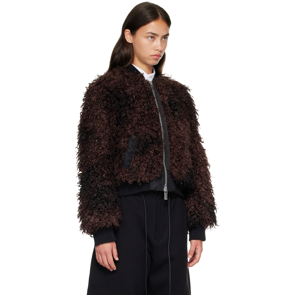sacai Brown Blouson Curly Faux-Fur Jacket