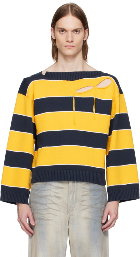 Photo: Charles Jeffrey LOVERBOY Yellow & Navy Slash Stripe Sweater