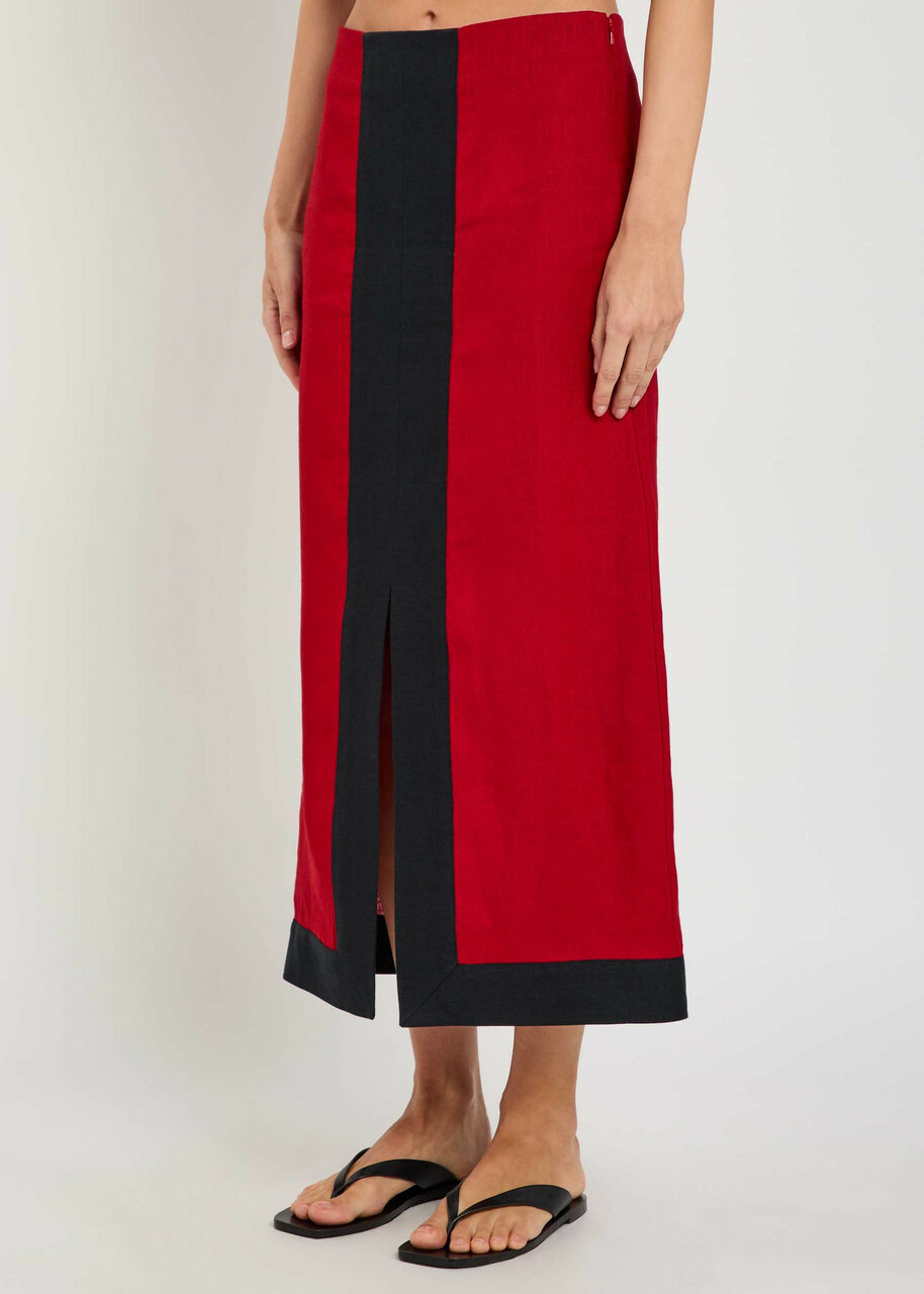Liberowe Ruth Panelled Linen Midi Skirt Red