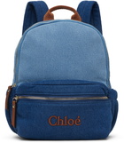 Chloé Kids Blue Embroidered Denim Backpack