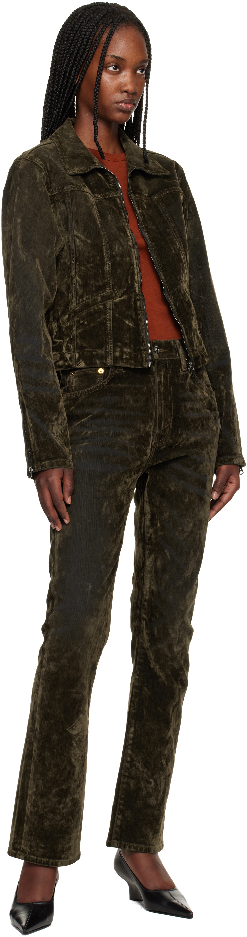 Re/Done Green Slim Zip Denim Jacket