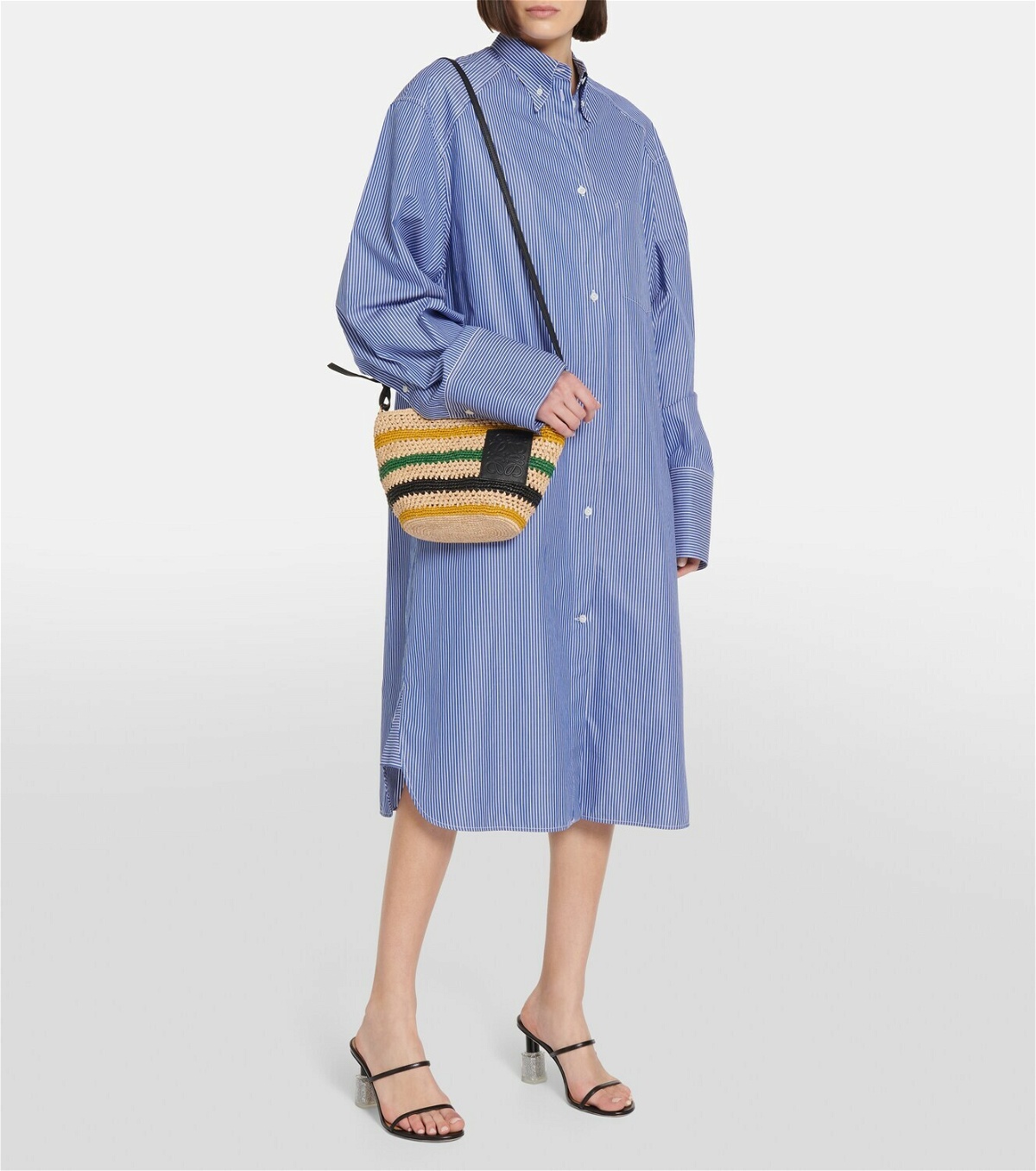 + Paula's Ibiza Pochette leather-trimmed striped raffia shoulder bag