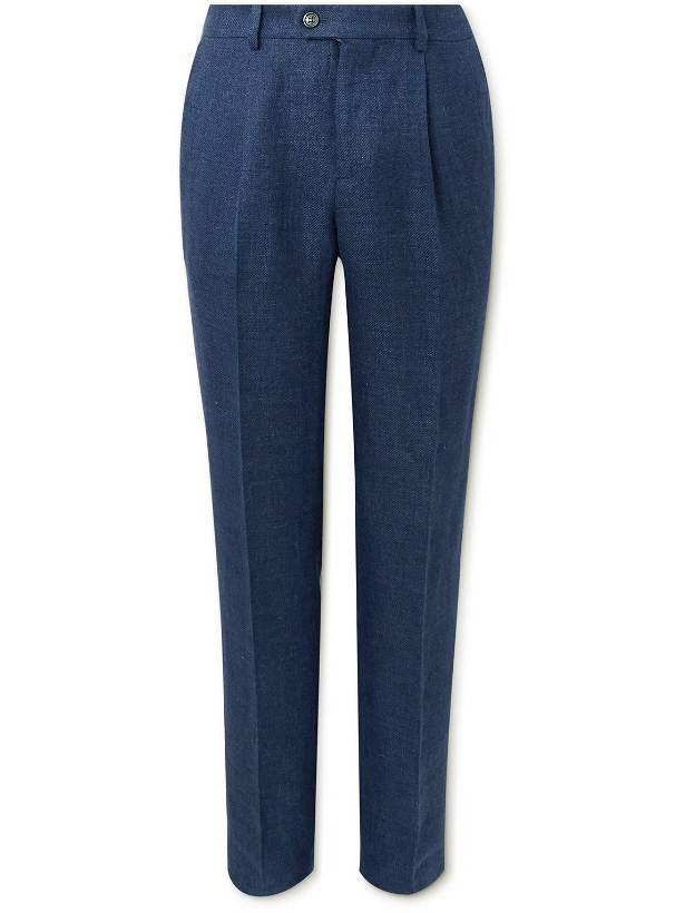 Photo: Brunello Cucinelli - Slim-Fit Tapered Pleated Linen, Wool and Silk-Blend Suit Trousers - Blue