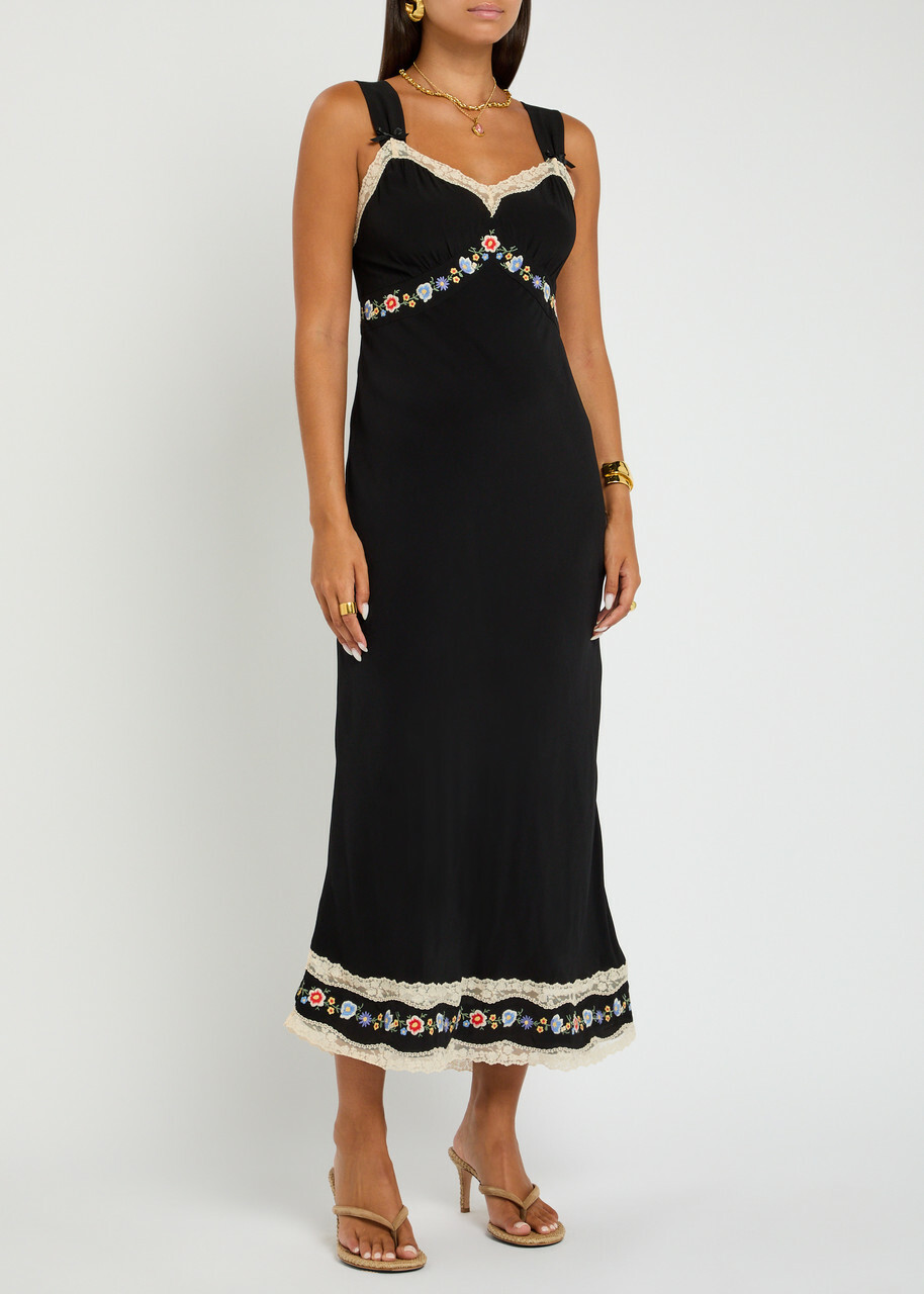Rixo Lucie Floral-embroidered Chiffon Midi Dress Black Rixo