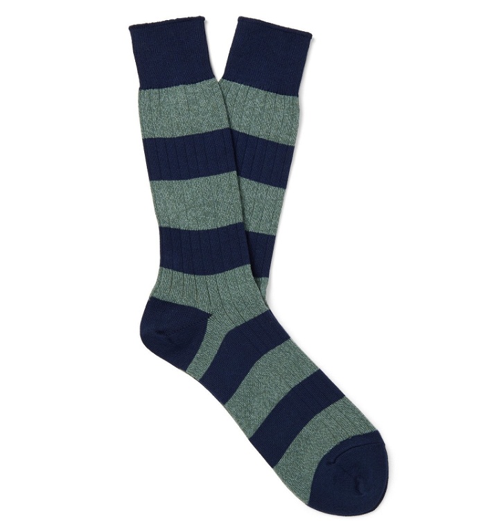 Photo: Mr P. - Striped Mélange Cotton-Blend Socks - Green