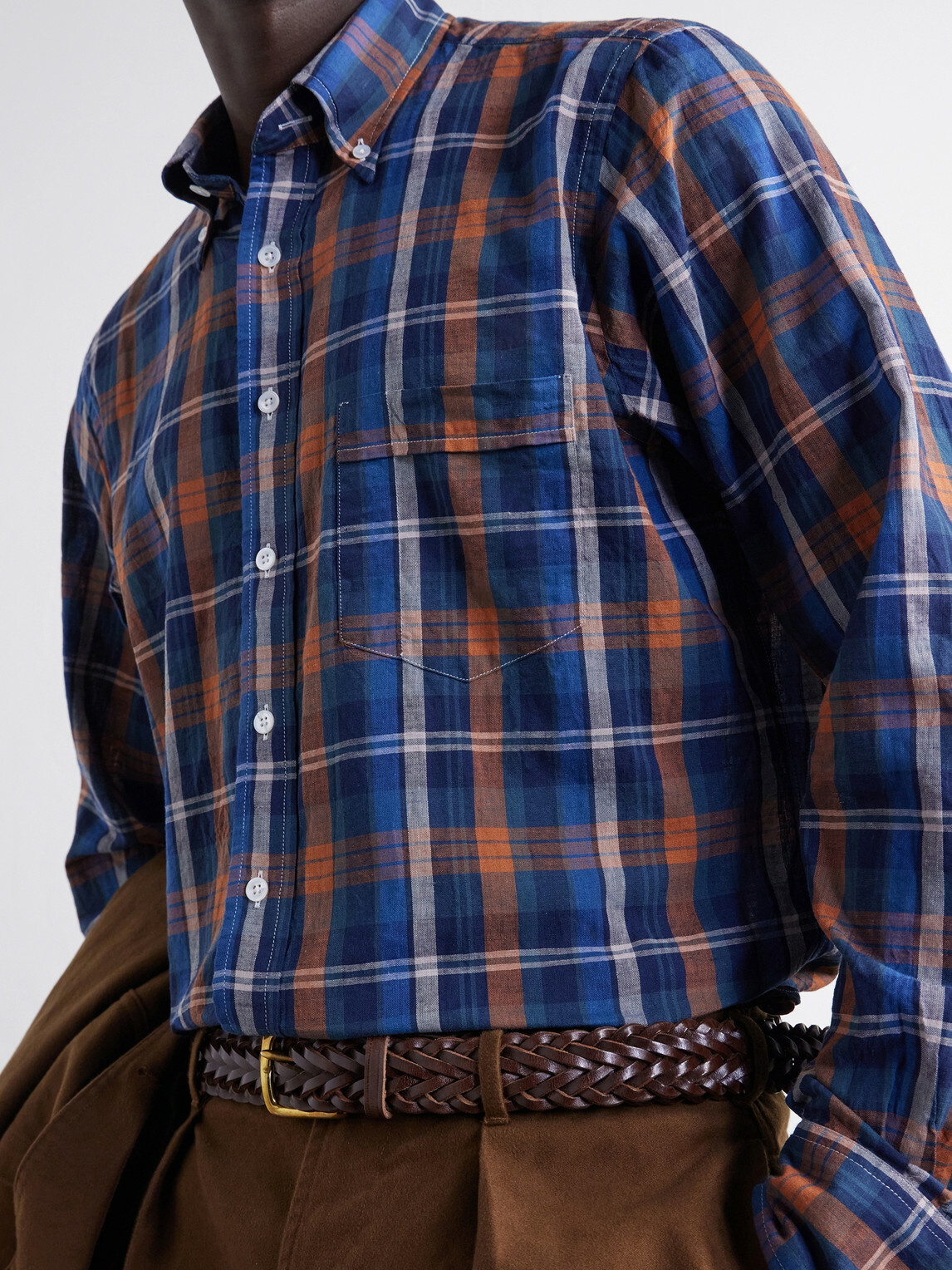 Drake's - Button-Down Collar Checked Woven Cotton Shirt - Blue