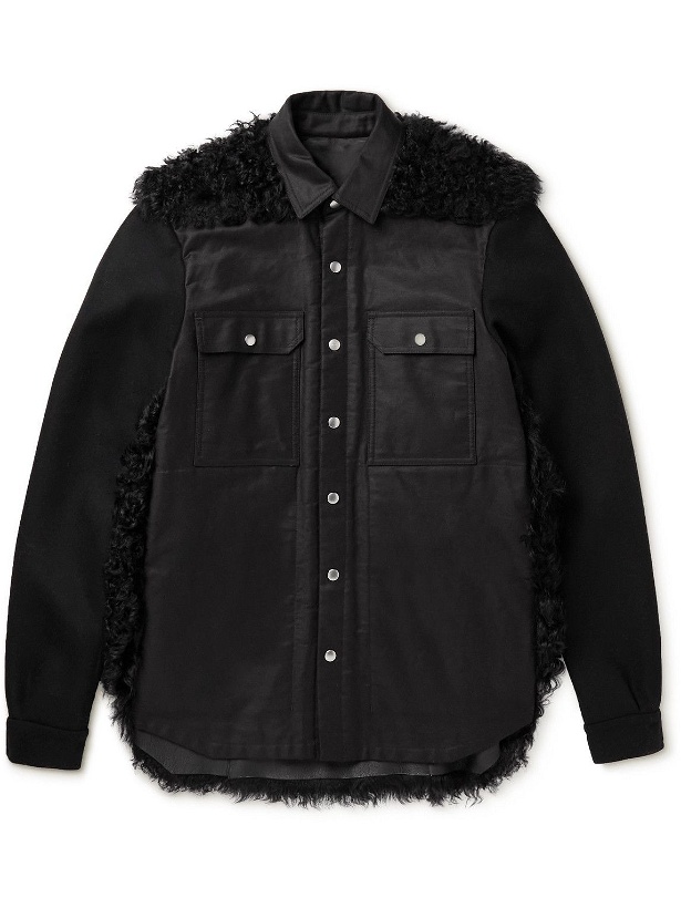 Photo: Rick Owens - Swampgod Upcycled Logo-Appliquéd Shearling, Cotton and Wool-Blend Shirt Jacket - Black