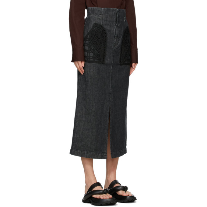 Mame Kurogouchi Black Denim Embroidered Skirt