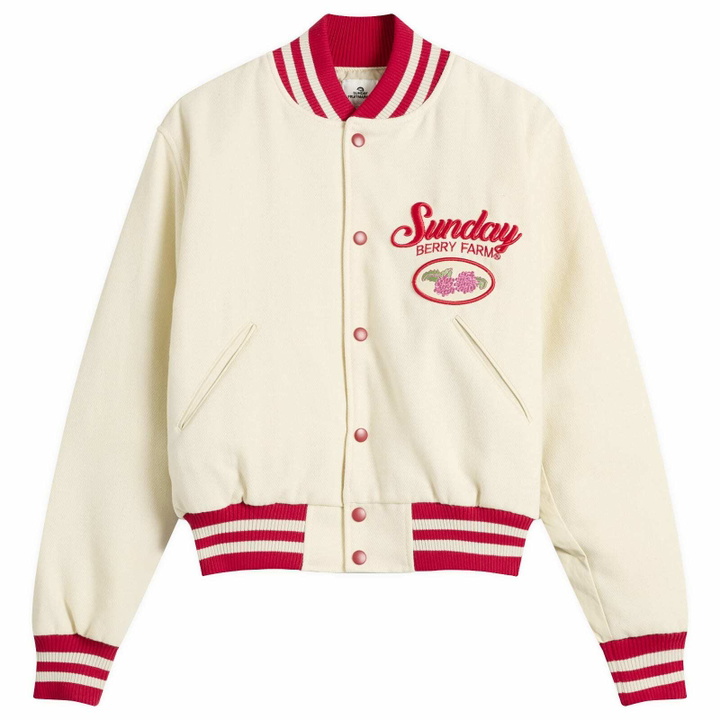 Photo: SUNDAYFRUITMARKET Women's Berry Farm Varsity Jacket in Ivory