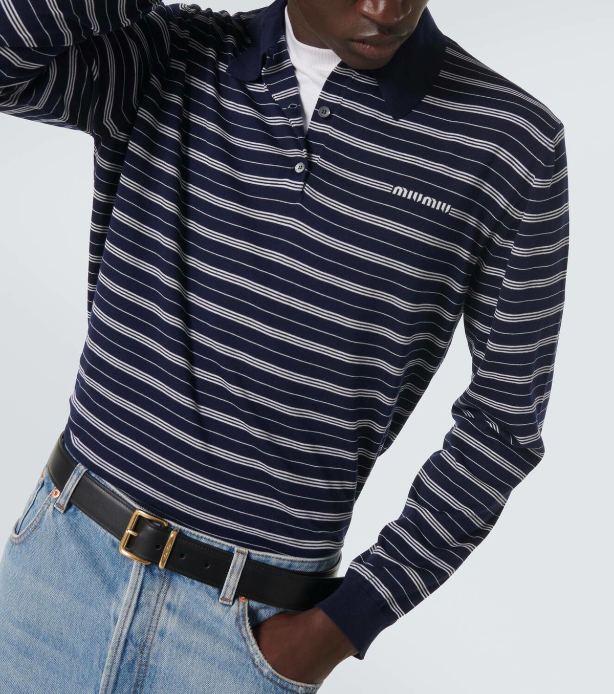 Miu Miu Logo striped cotton-blend polo sweater