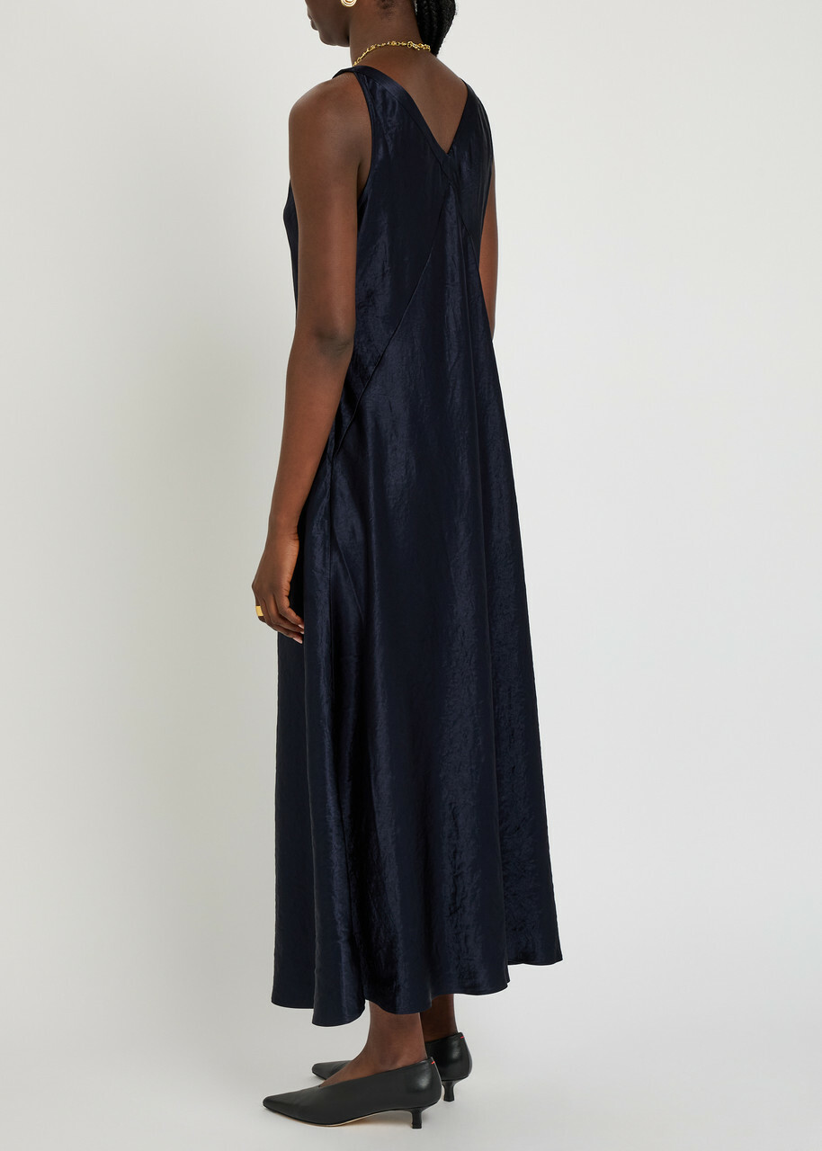 Eileen Fisher Crinkled Satin Midi Dress Dark Blue