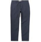 YMC - Hand Me Down Tapered Cropped Pinstriped Cotton and Linen-Blend Trousers - Blue