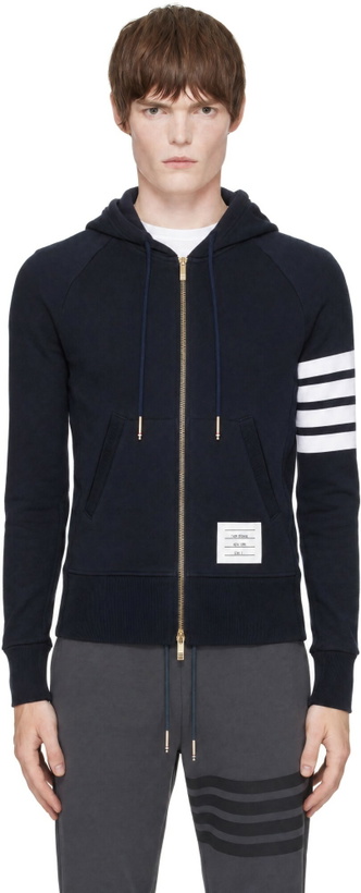 Photo: Thom Browne Navy Classic Loopback 4-Bar Zip-Up Hoodie
