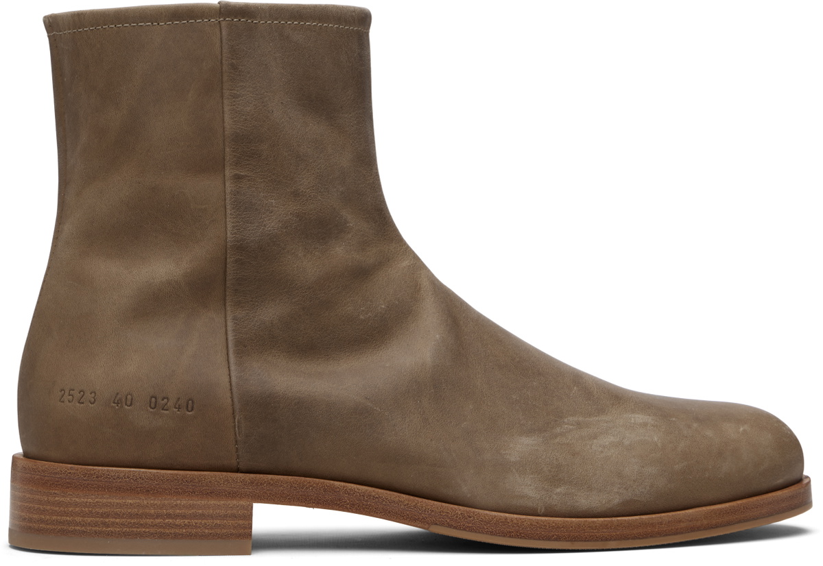 Common Projects Taupe Waxed Leather Zipper Boots