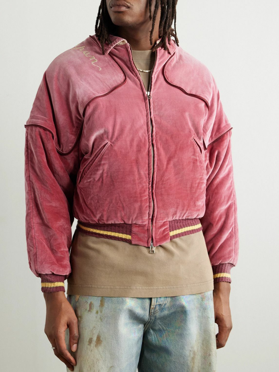 KAPITAL - Logo-Embroidered Zip-Detailed Cotton-Velvet Bomber Jacket - Pink