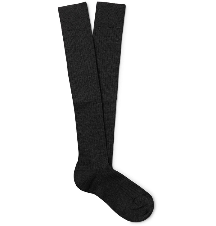 Photo: Charvet - Ribbed Cashmere, Wool and Silk-Blend Over-the-Calf Socks - Gray