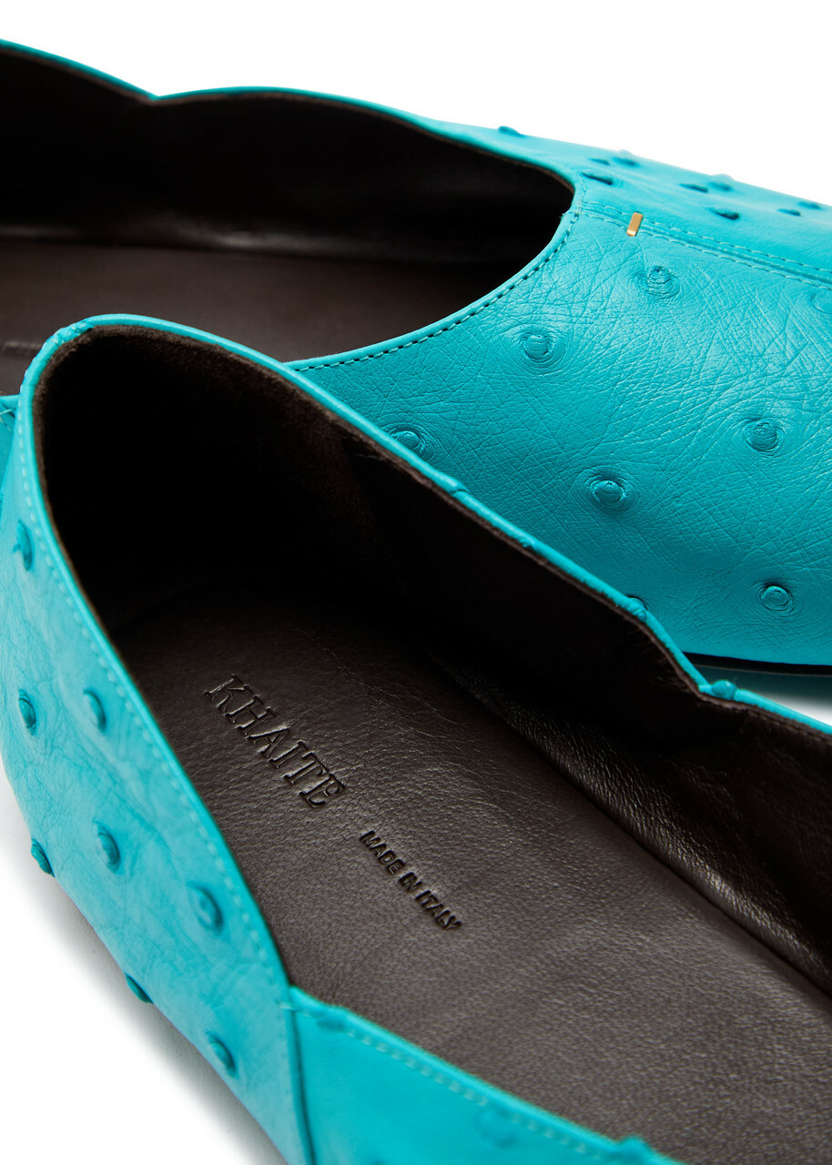 Khaite Jane Ostrich Leather Ballet Flats Light Blue