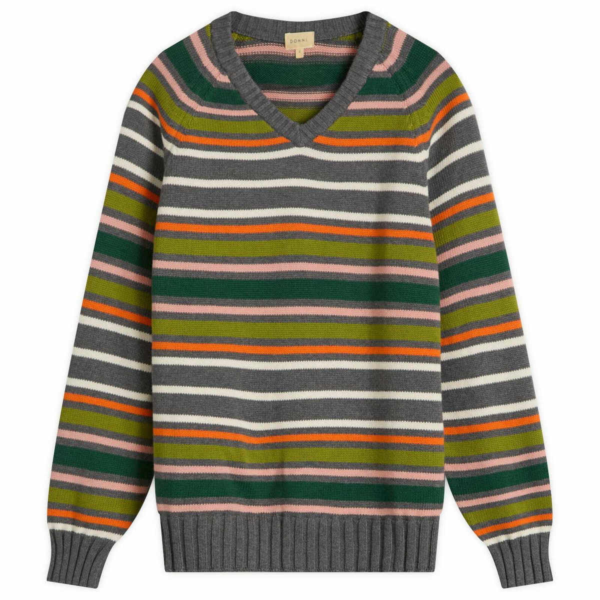 DONNI. Women's Cotton Cashmere Stripe V-Neck Jumper in Charcoal Grey