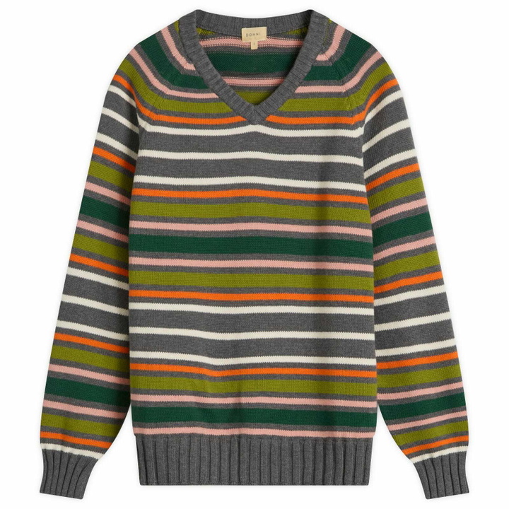 Photo: DONNI. Women's Cotton Cashmere Stripe V-Neck Jumper in Charcoal Grey