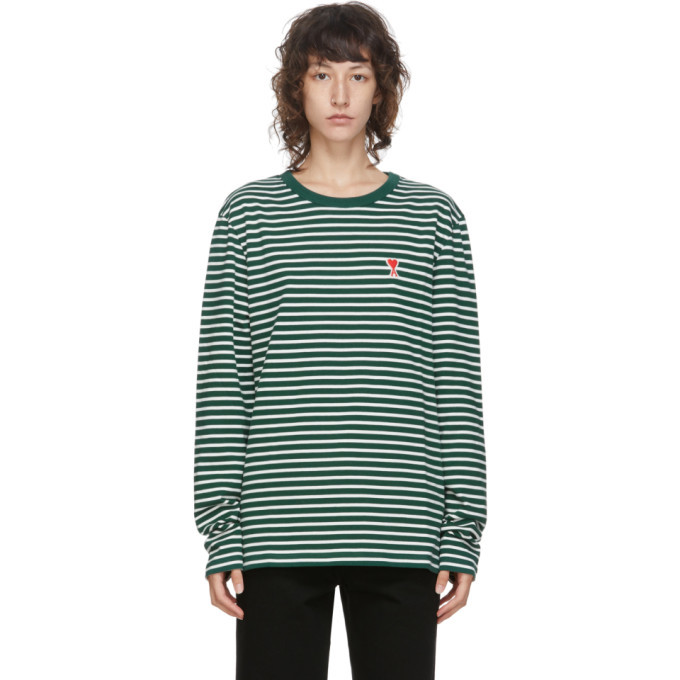 Photo: AMI Alexandre Mattiussi Green and White Ami De Coeur Mariniere Long Sleeve T-Shirt