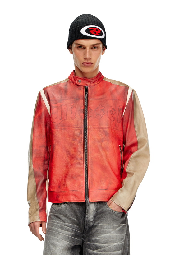 Photo: Diesel Dirty-effect leather biker jacket - Leather jackets Mens in Red