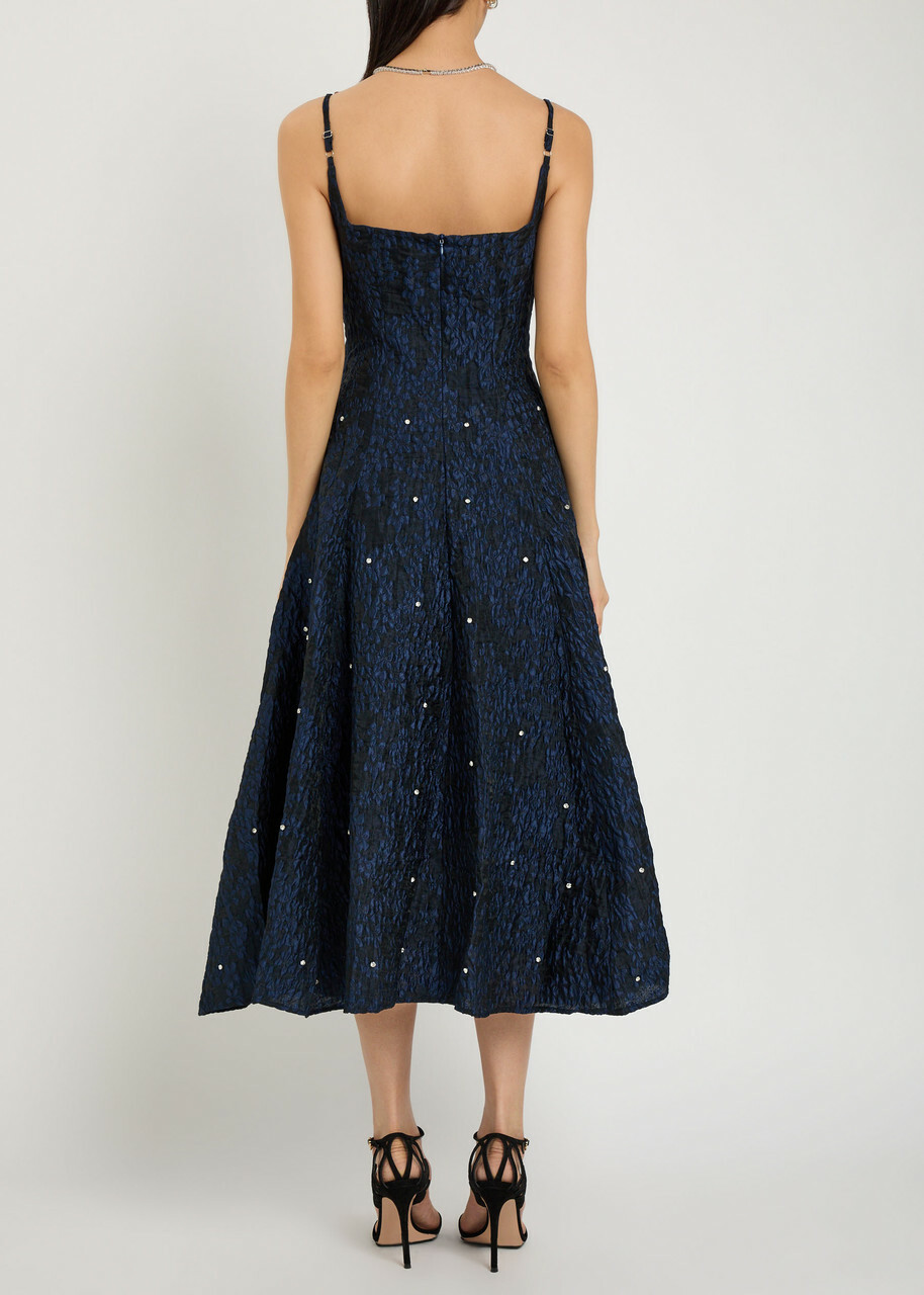 Sister Jane Maison Gem Crystal-embellished Cloqué Midi Dress Navy