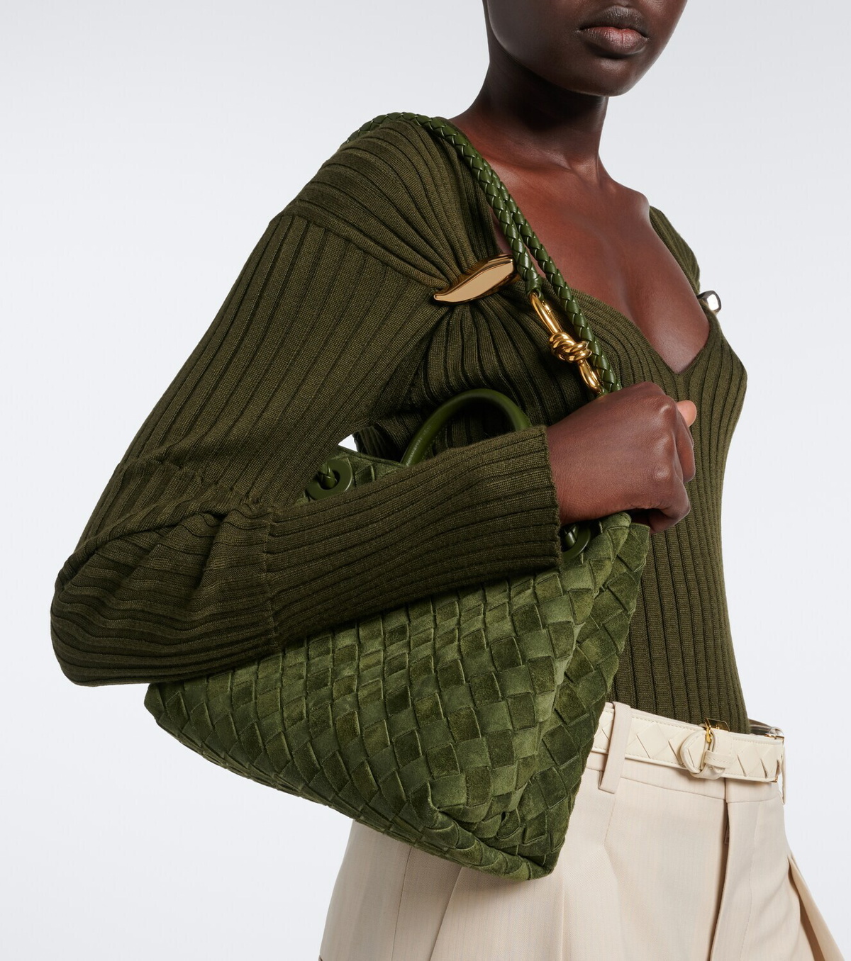 Bottega Veneta Andiamo Intrecciato Small suede top-handle bag