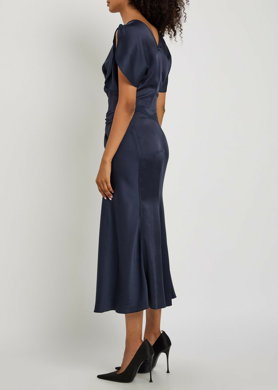 Victoria Beckham Bela Gathered Satin-crepe Midi Dress Navy