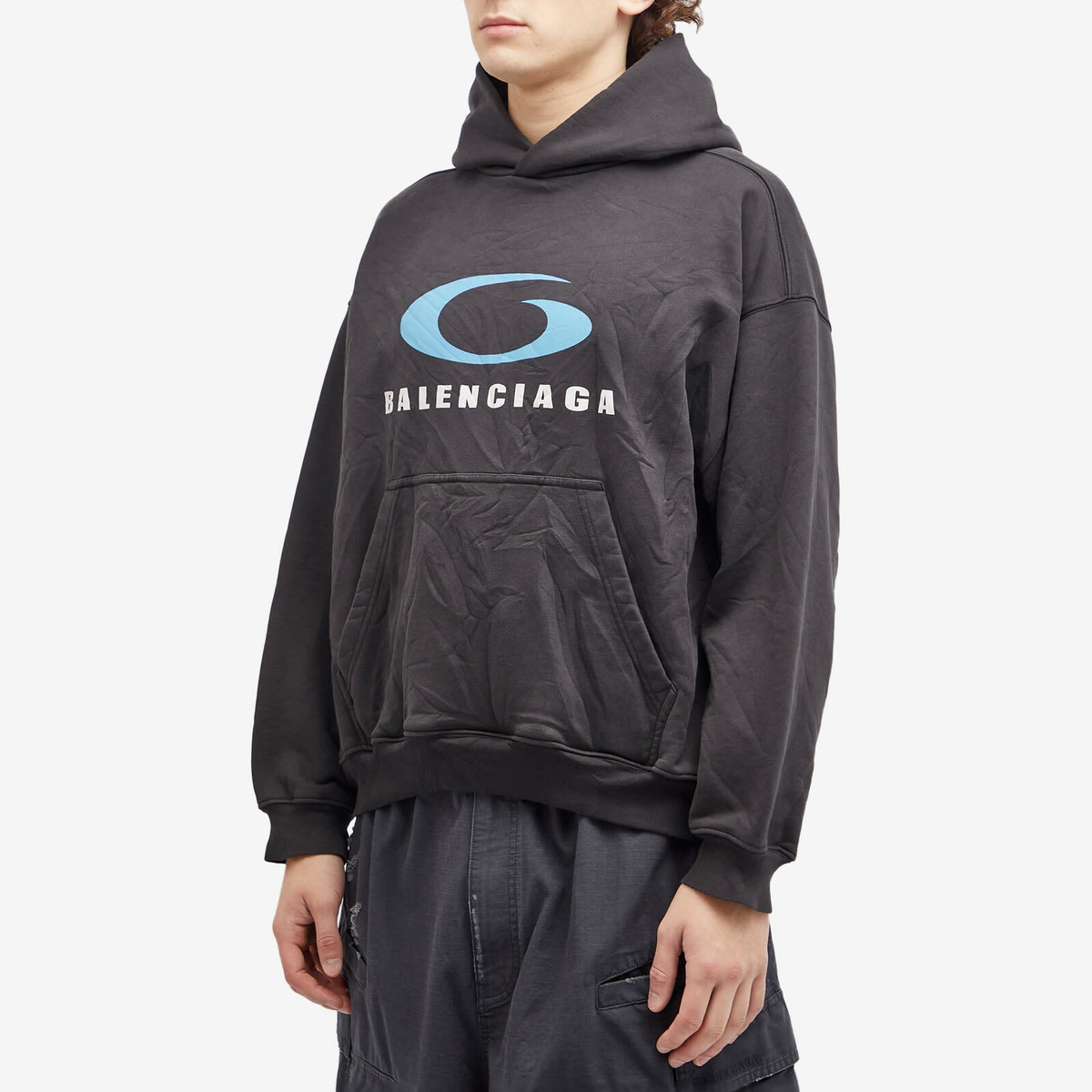 Balenciaga Men's Logo Hoodie in Washed Black/Blue Balenciaga Balenciaga Men's Logo Hoodie in Washed Black/Blue Balenciaga