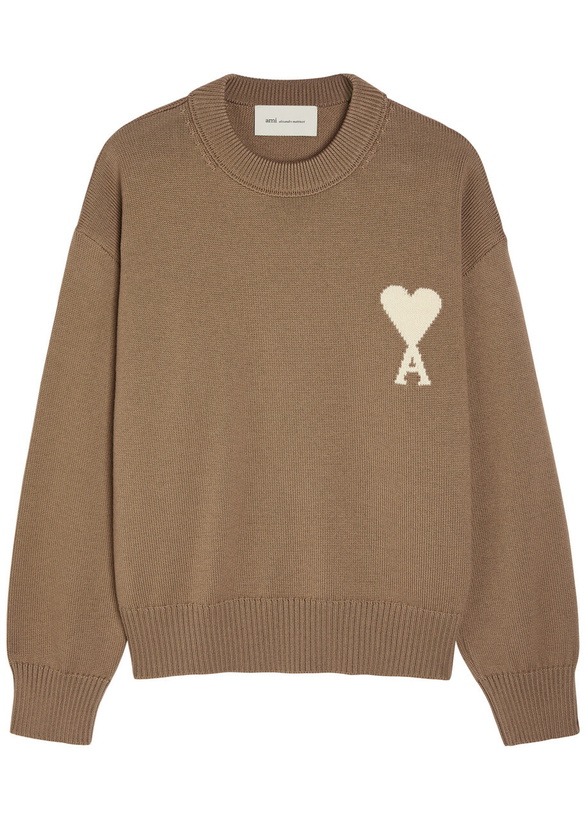 Photo: Ami Paris Logo-intarsia Wool and Cotton-blend Jumper Beige