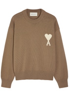 Ami Paris Logo-intarsia Wool and Cotton-blend Jumper Beige
