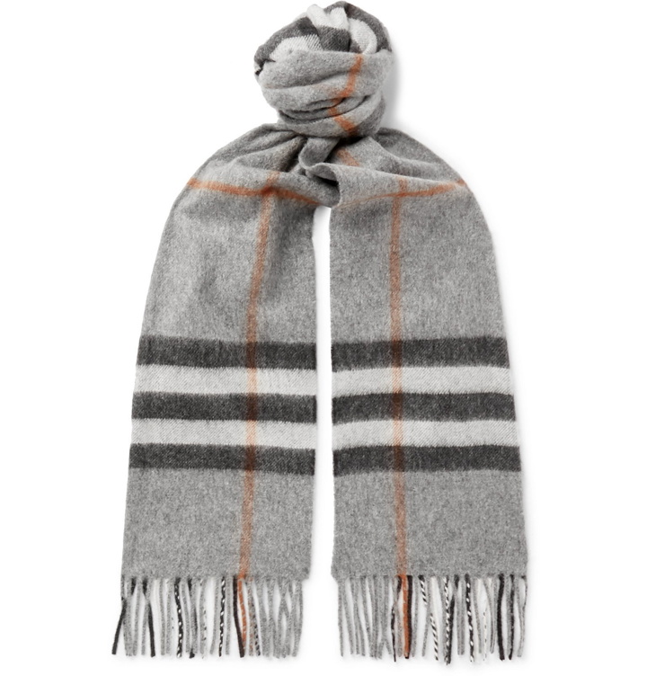 Photo: Burberry - Fringed Checked Cashmere Scarf - Gray