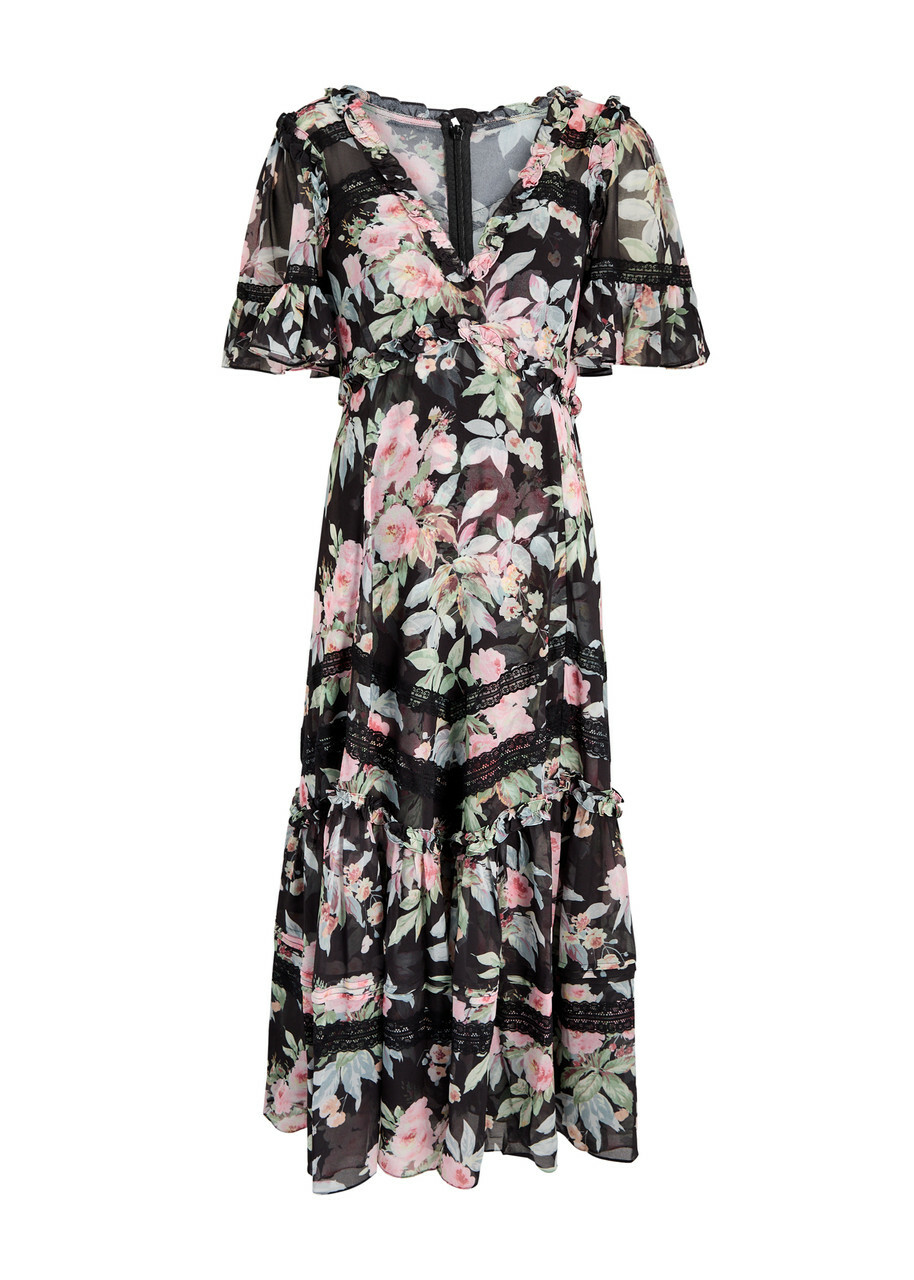 Needle & Thread Paradise Garden Sonata Floral-print Chiffon Midi Dress Black