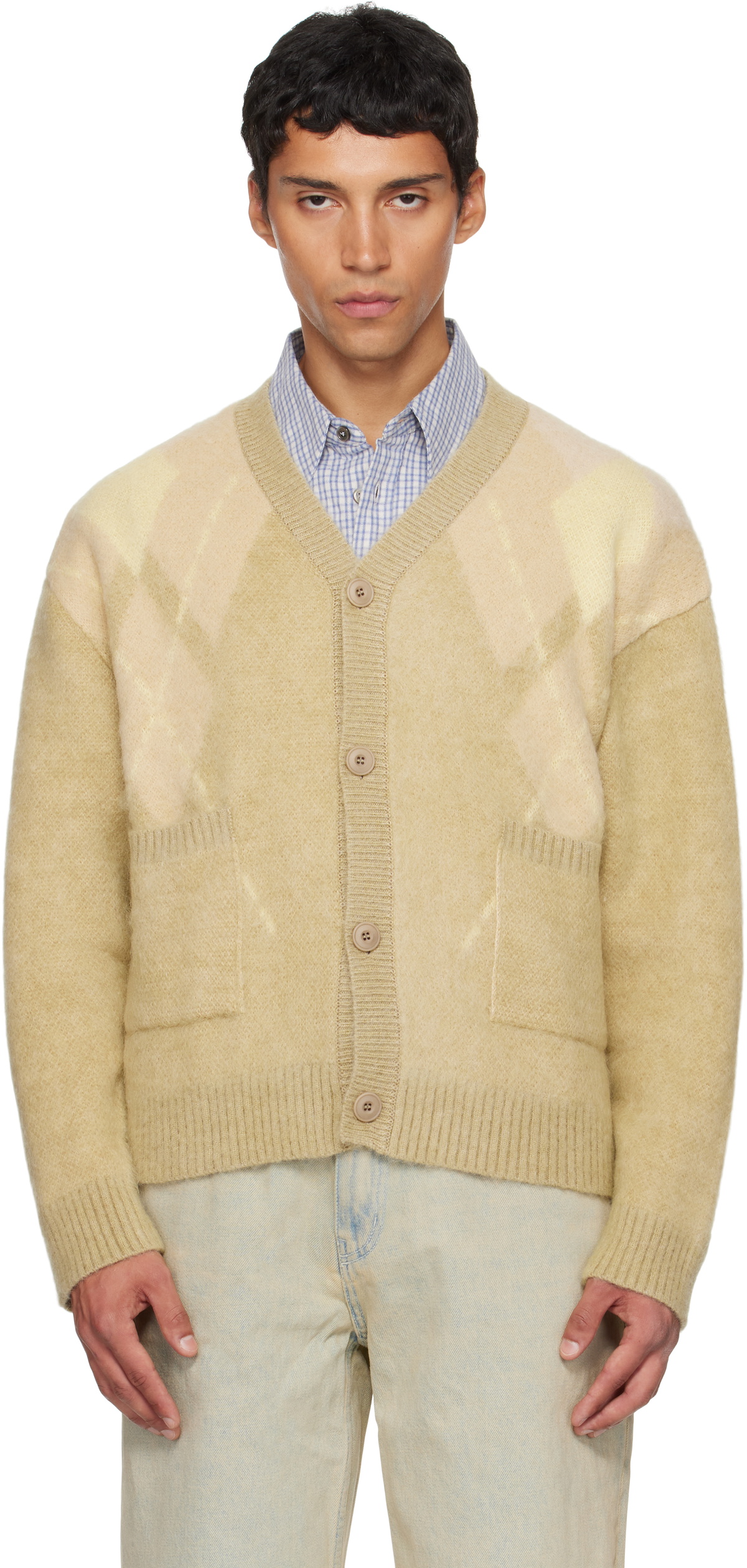 COOR Yellow Hairy Mixed Argyle Cardigan